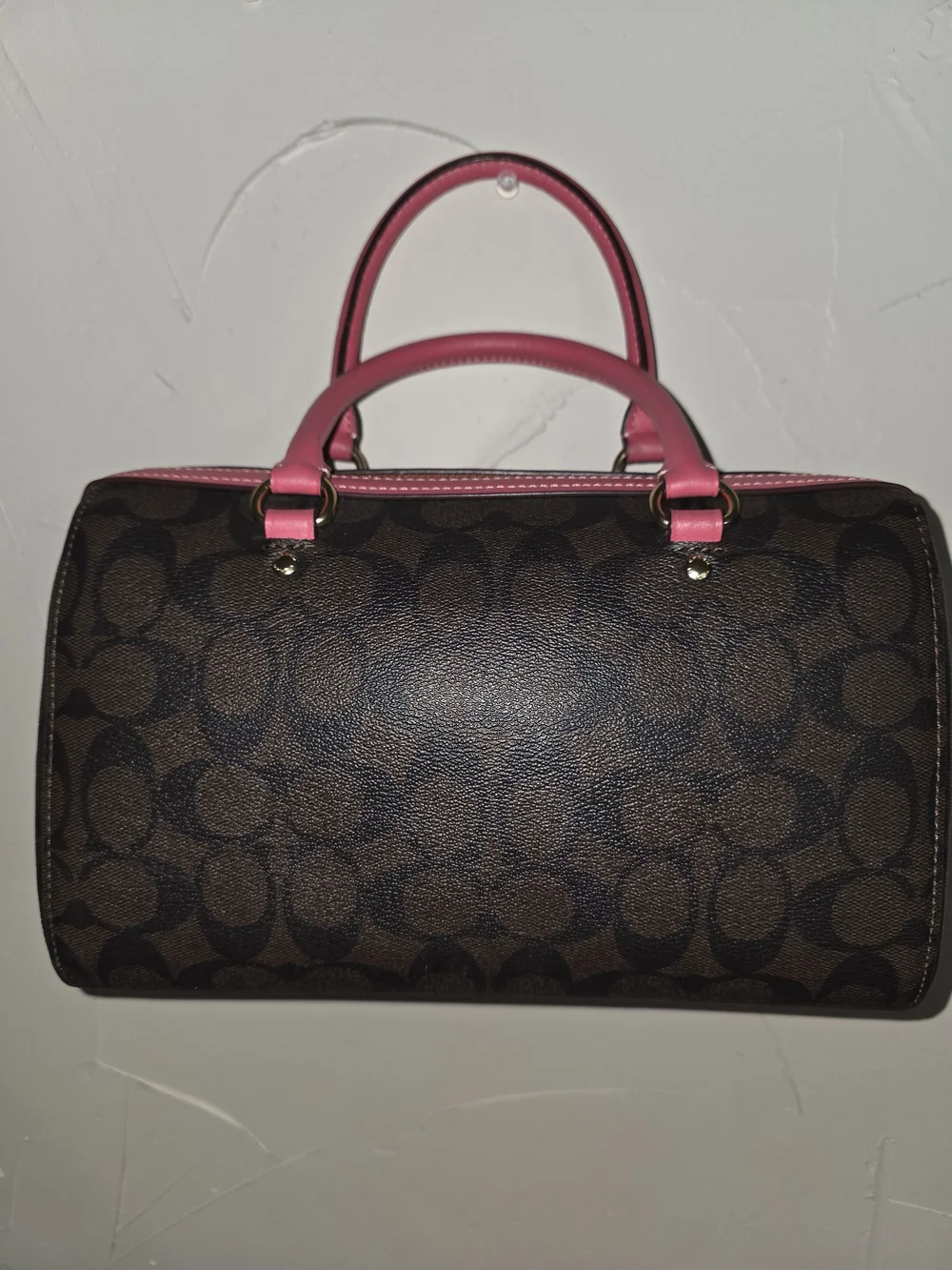 Coach Brown Rowan Signature Satchel with Pink Trim